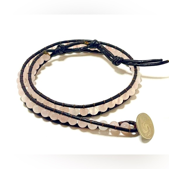 Genuine Leather and Rose Quartz Artisan Made Wrap Bracelet New - Picture 4 of 6